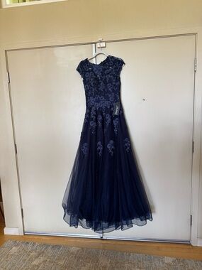 La Femme Navy Floral Lace Tulle Gown